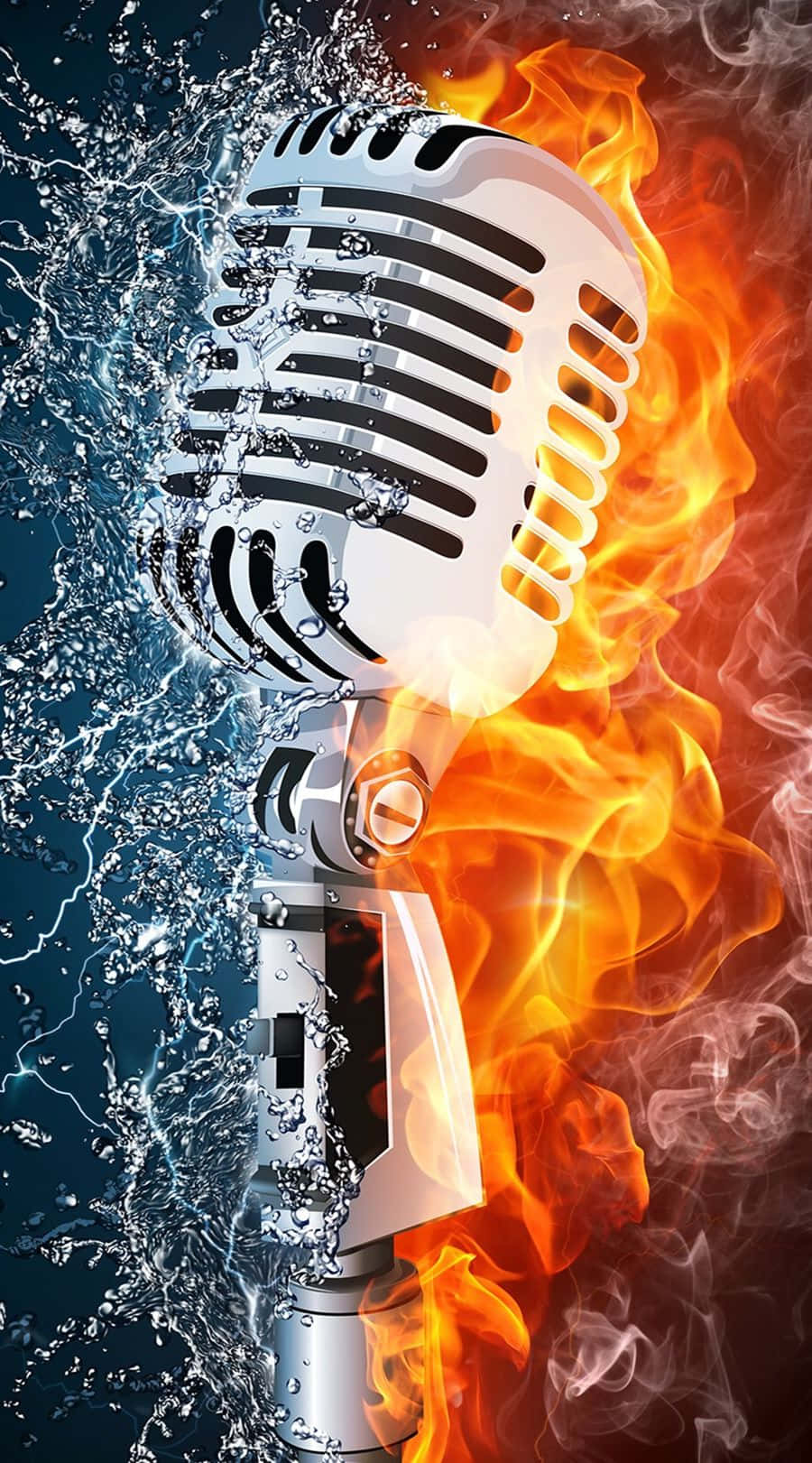 vintage silver microphone, fire, water, HD Phone Wallpaper