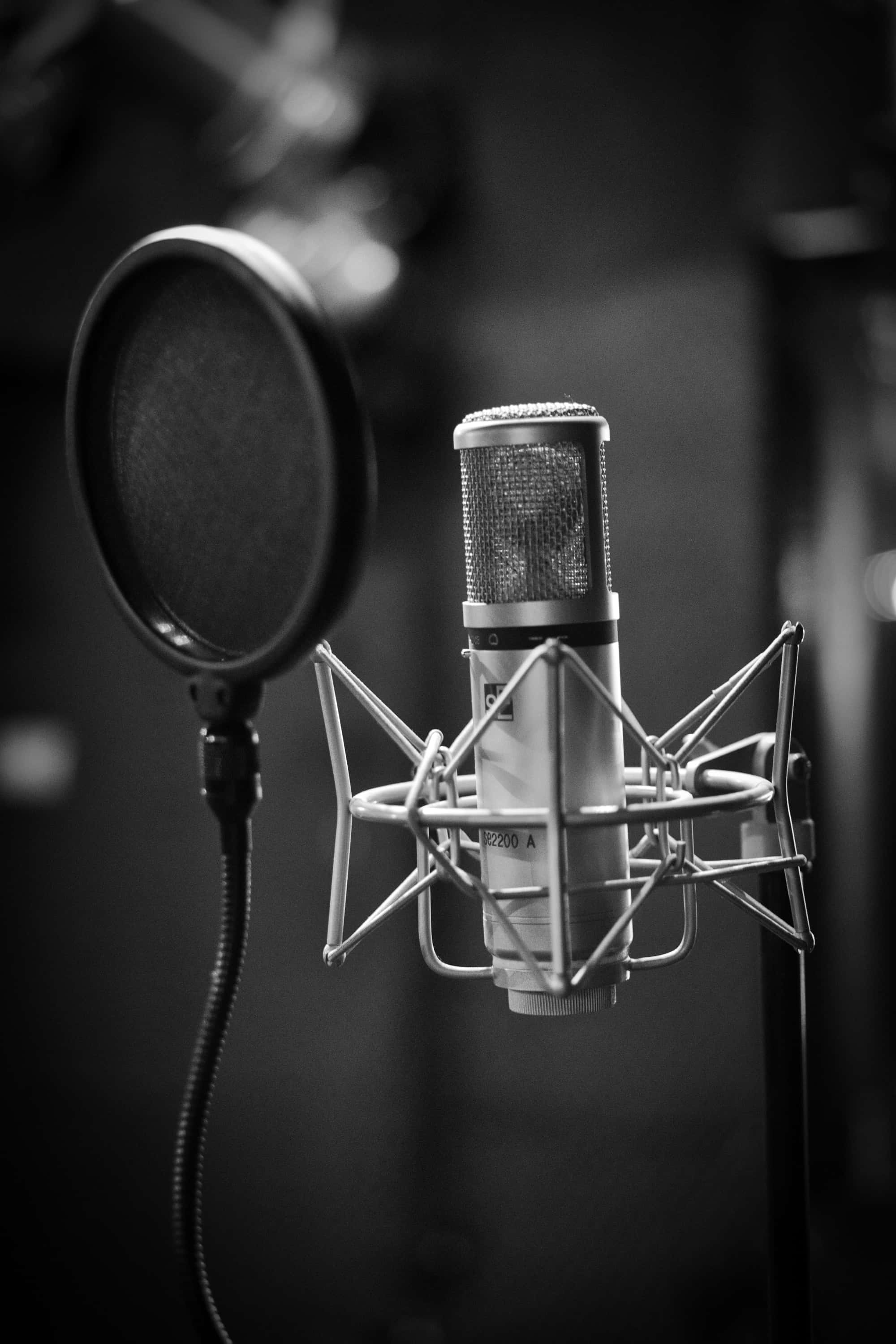 condenser microphone, pop filter, dimly lit recording booth, 2K Phone Wallpaper