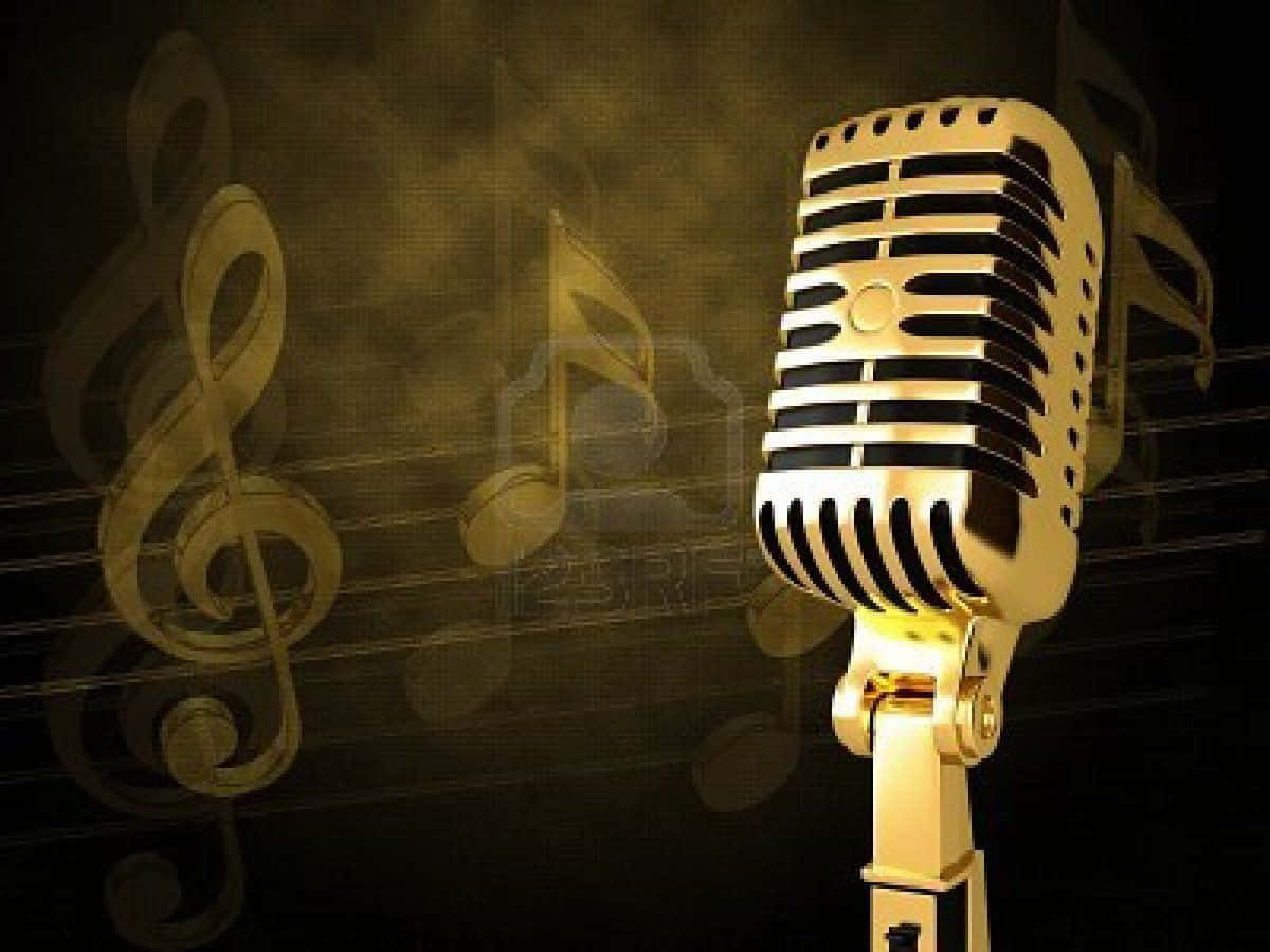 treble clef, microphone, gleaming gold, SD Desktop Wallpaper