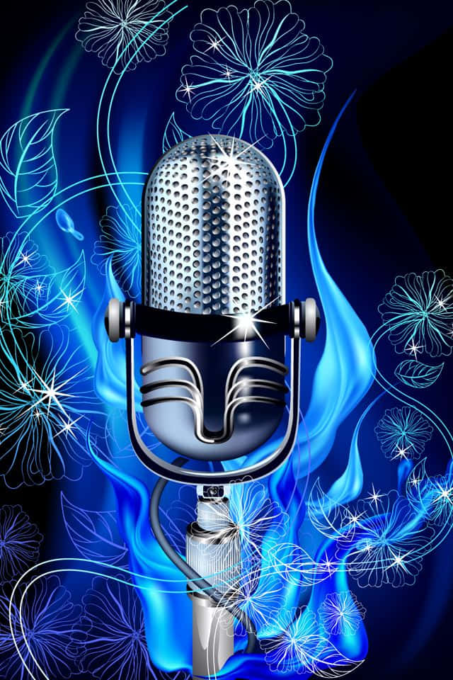 vintage silver microphone, electric blue flames, floral outlines, SD Phone Wallpaper