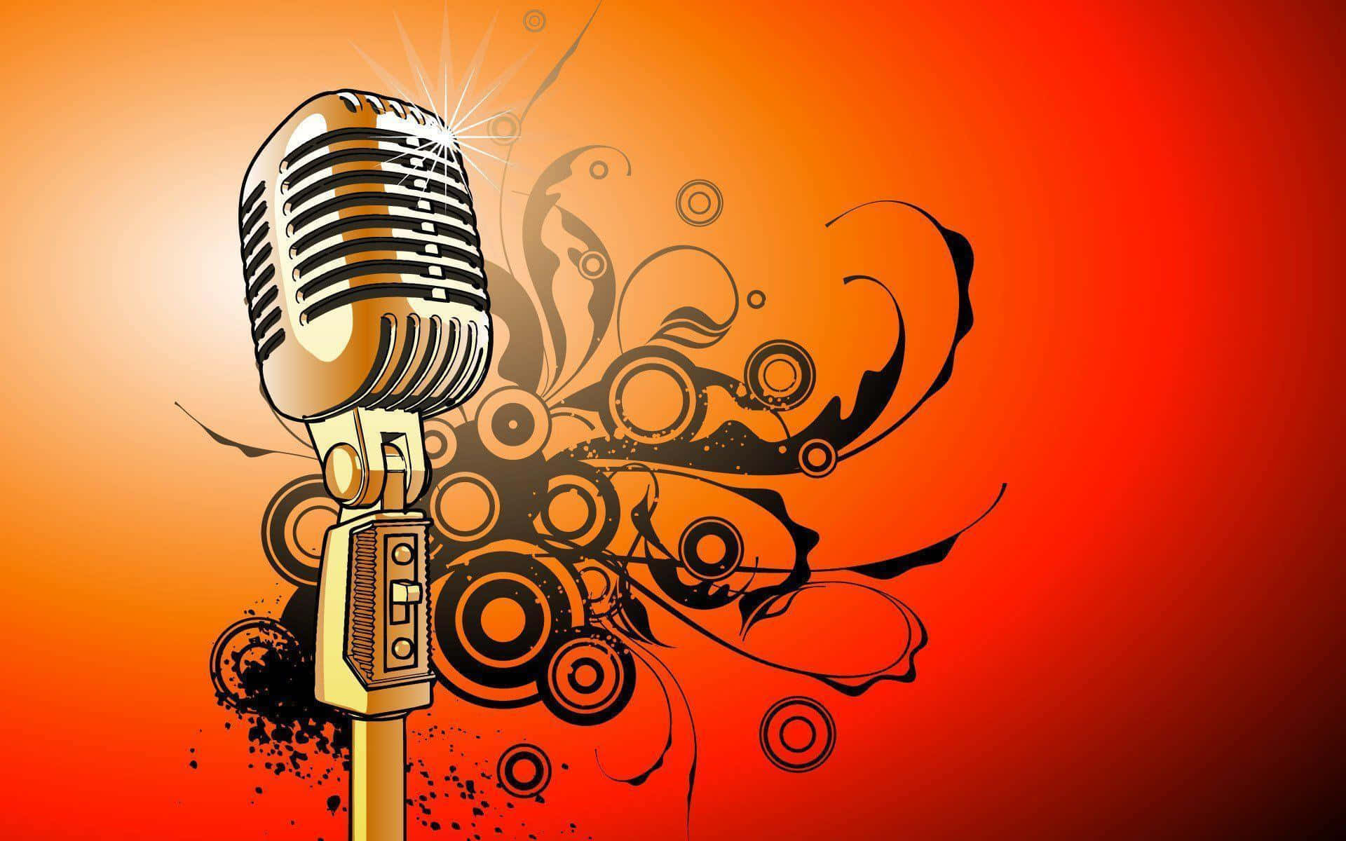 vintage golden microphone, fiery orange gradient backdrop, swirling abstract black and orange patterns, Full HD Desktop Wallpaper