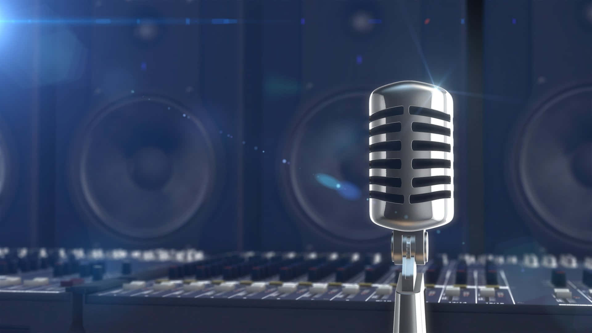 vintage silver microphone, blue studio lights, large speakers, Full HD Desktop Wallpaper