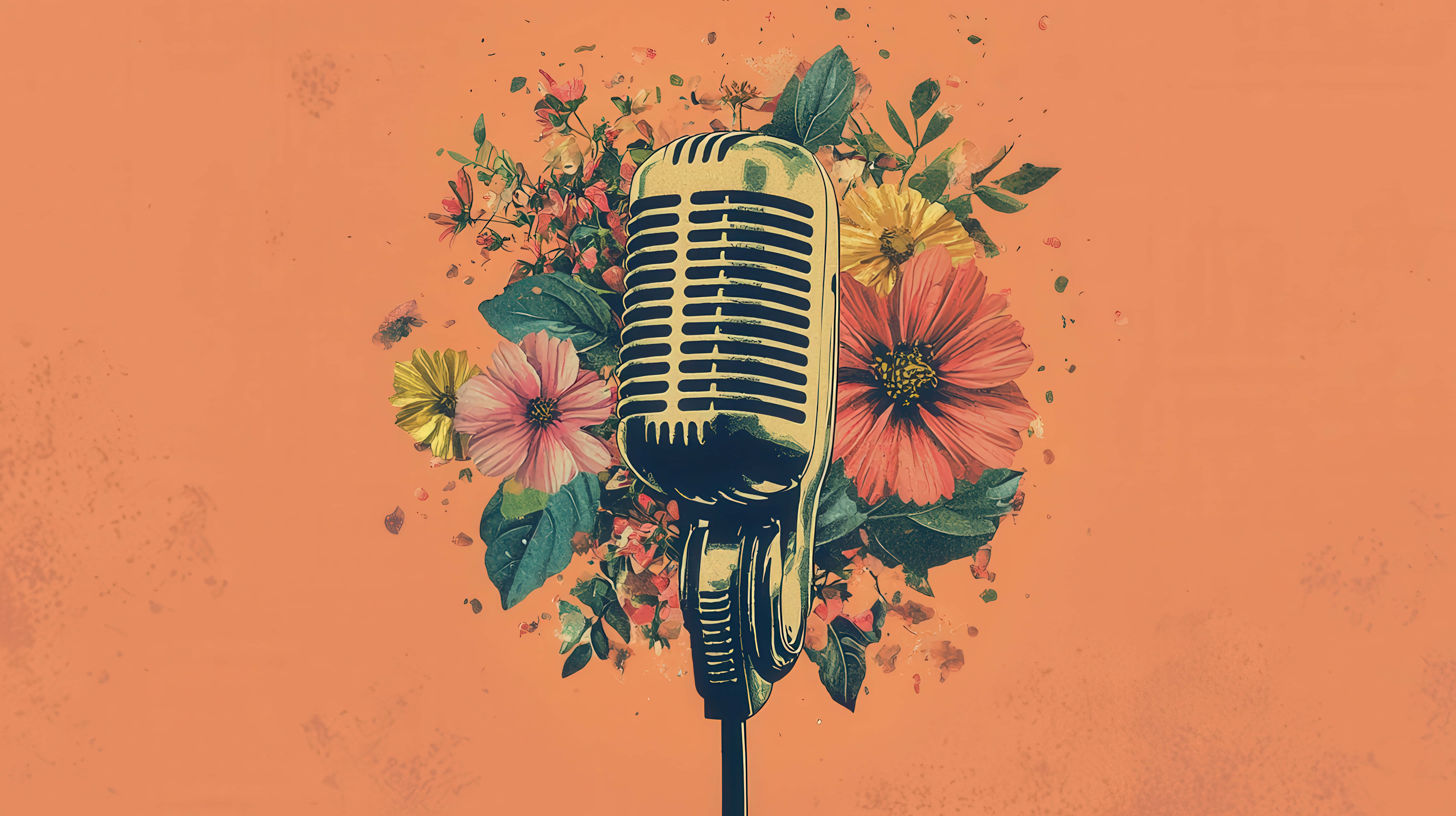 retro-style microphone, colorful flowers, orange background, 8K Desktop Wallpaper