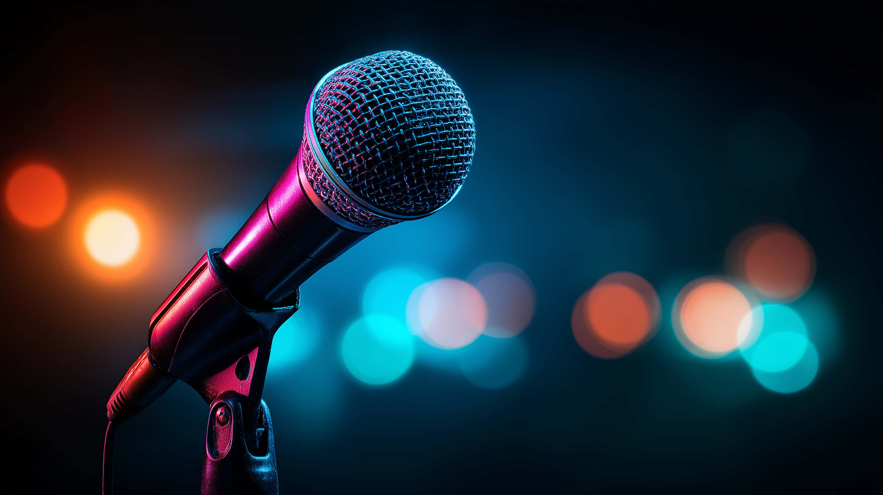 vintage microphone, stage lights, warm orange bokeh, 2K Desktop Wallpaper