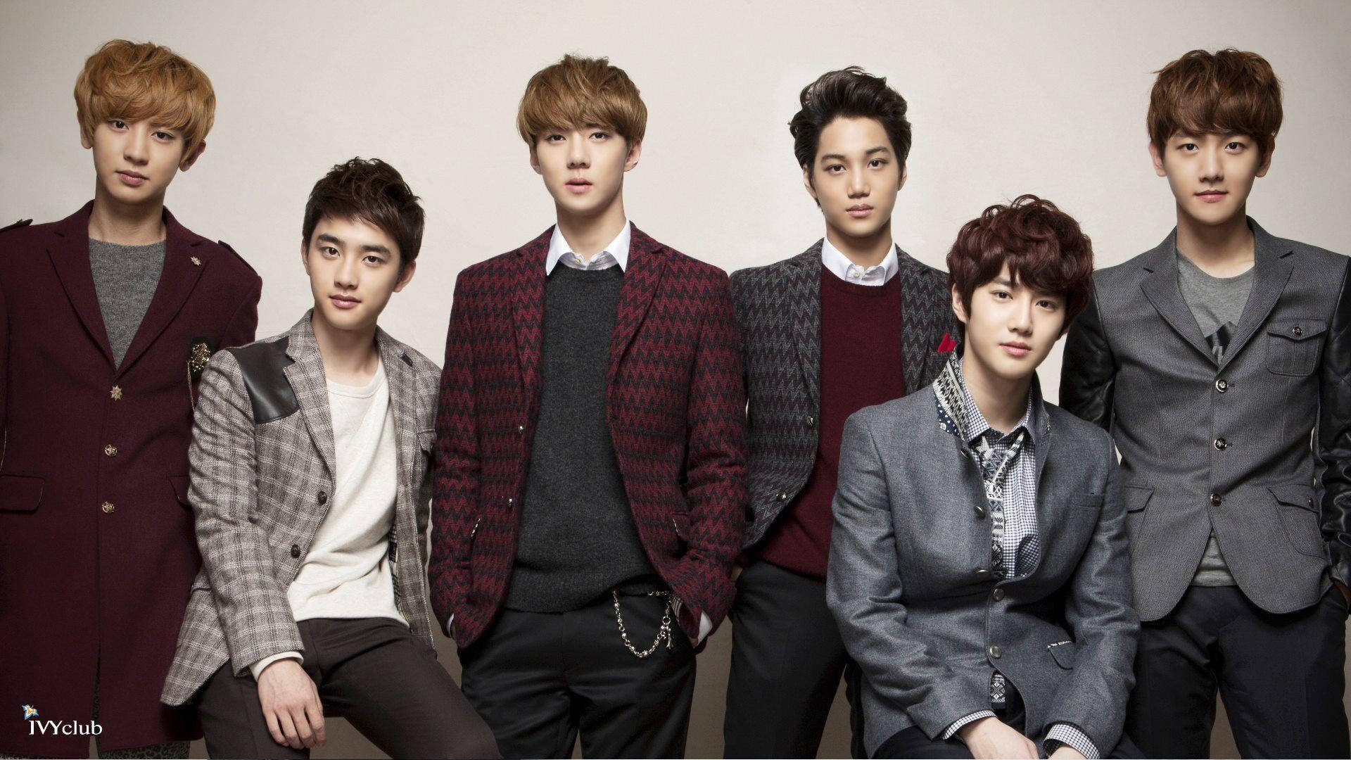 Studio Portrait Exo Desktop, six stylish young men, tailored suits, Full HD Desktop Wallpaper