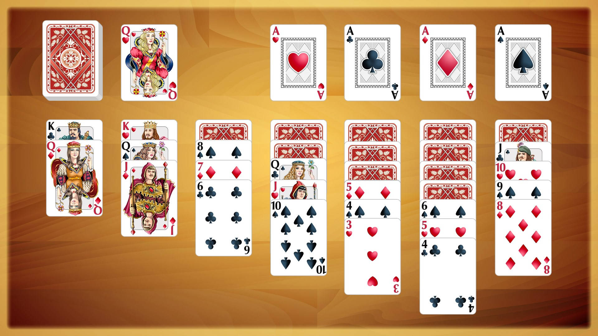 Microsoft Solitaire, playing cards, warm wooden surface, Full HD Desktop Wallpaper
