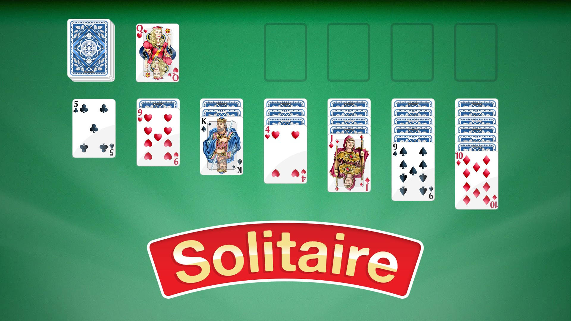 Microsoft Solitaire, green felt surface, red and yellow, Full HD Desktop Wallpaper