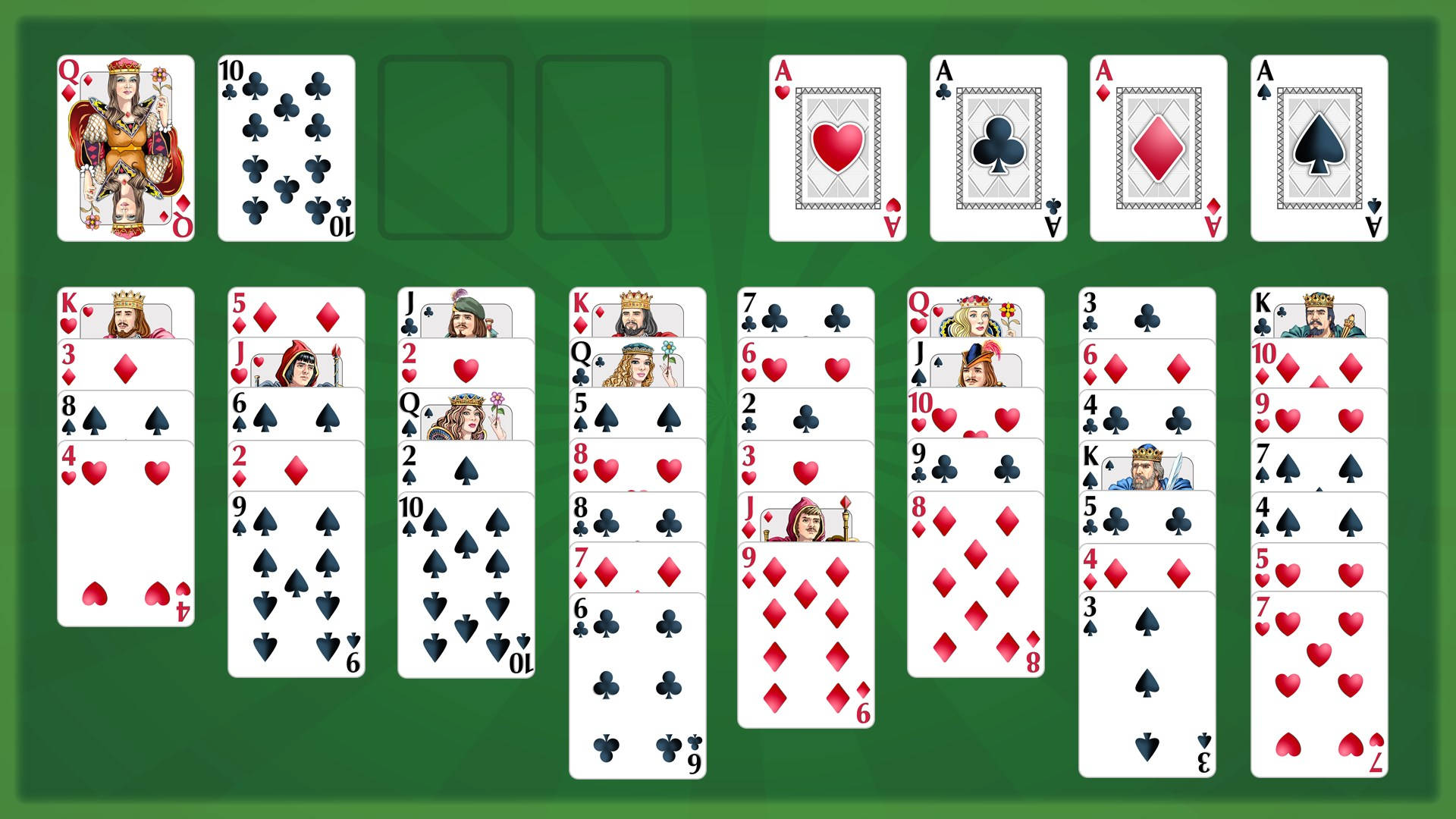 Microsoft Solitaire, green felt surface, playing cards, Full HD Desktop Wallpaper