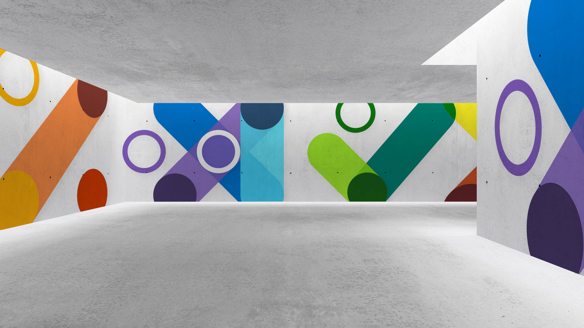 Microsoft Teams, colourful hallway walls, vibrant geometric murals, Full HD Desktop Wallpaper