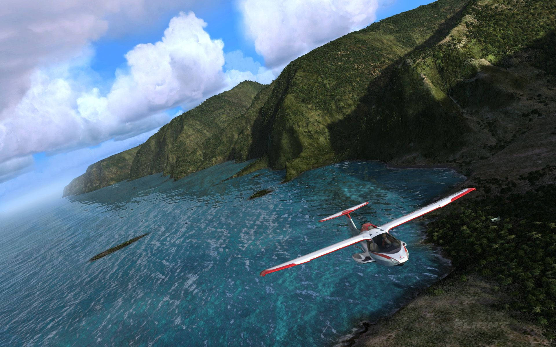 red and white seaplane, turquoise waters, lush green cliffside, Full HD Desktop Wallpaper