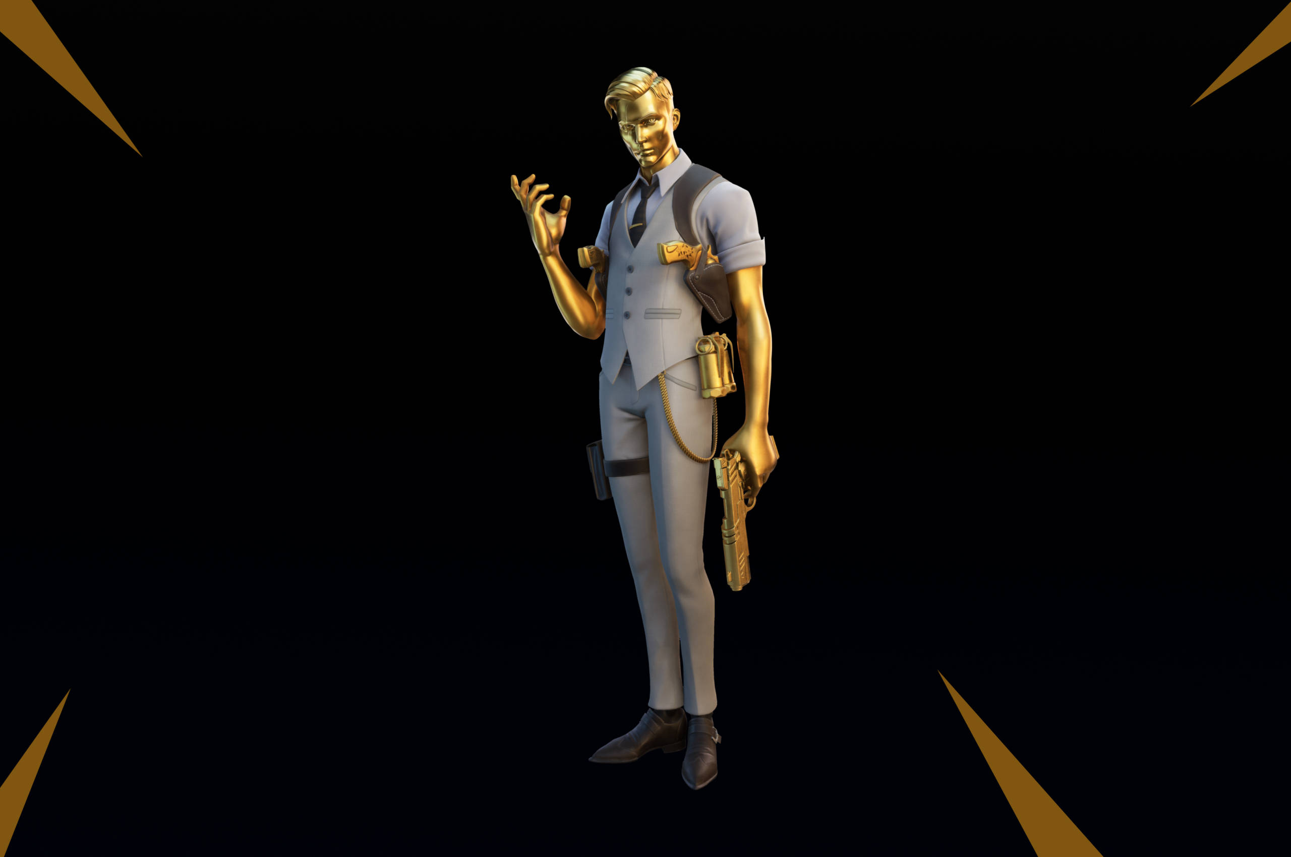 Midas Fortnite Skin, golden-skinned male character, light gray suit, 2K Desktop Wallpaper