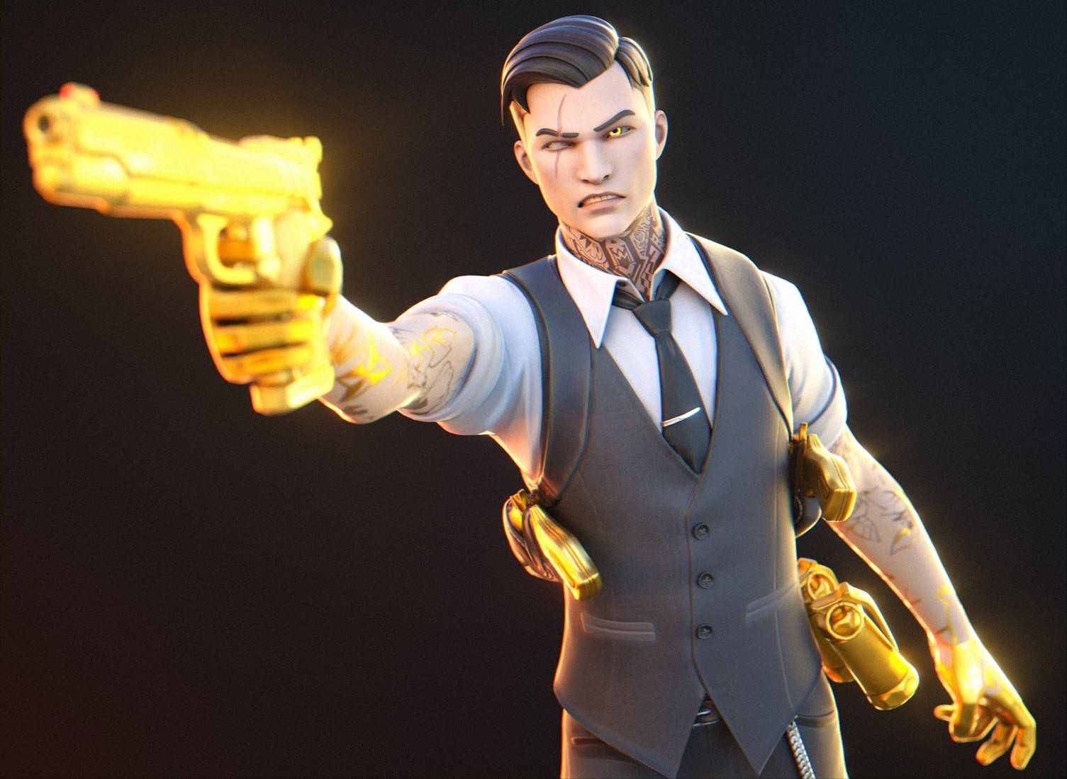 Midas Fortnite Skin, golden pistol, animated man, HD Desktop Wallpaper