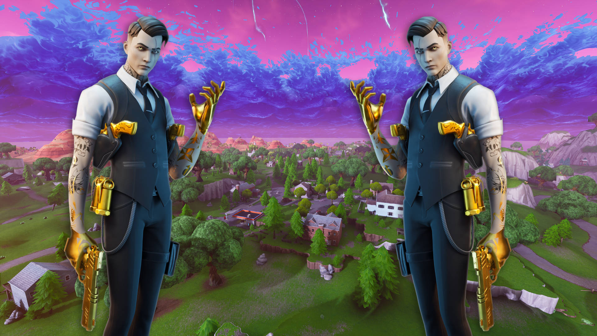 Midas Fortnite Skin, golden guns, surreal purple sky, Full HD Desktop Wallpaper