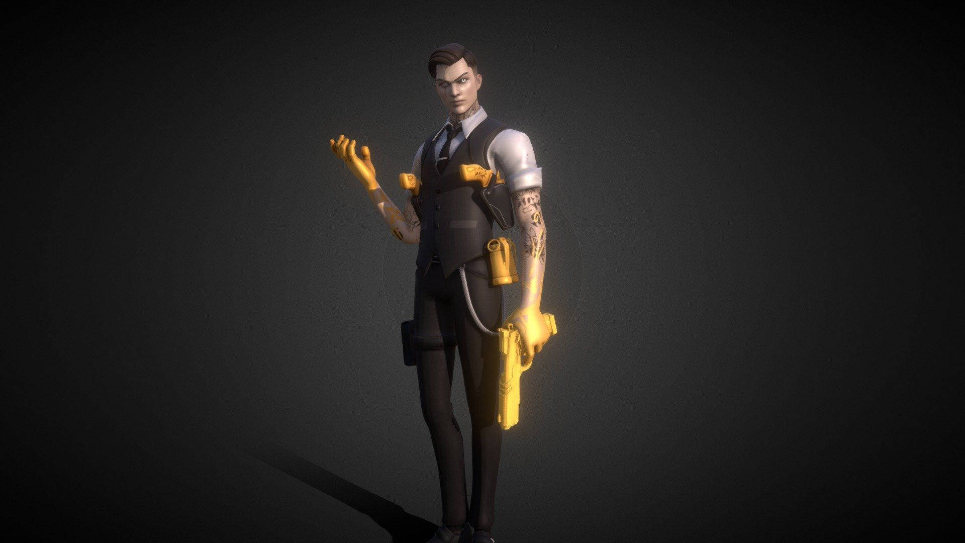 Midas Fortnite Skin, glowing yellow cybernetic arms, dark suit, Full HD Desktop Wallpaper