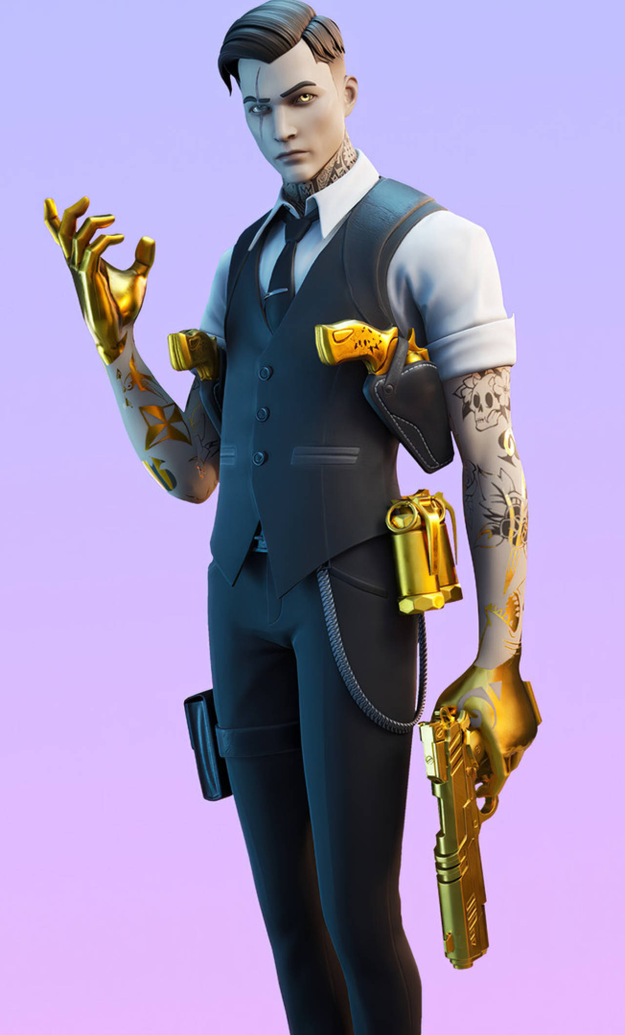 Midas Fortnite Skin, dark suit, gold weapons, Full HD Phone Wallpaper