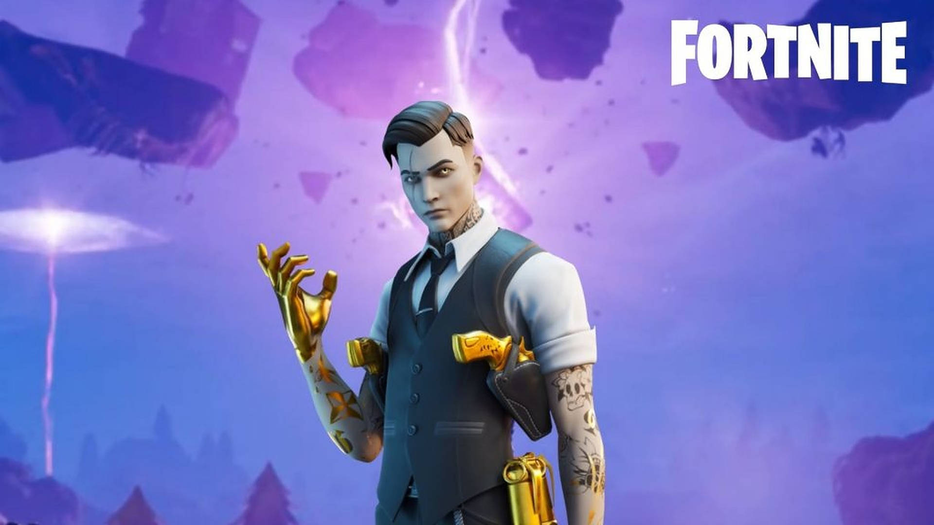 Midas Fortnite Skin, golden arms, purple sky, Full HD Desktop Wallpaper