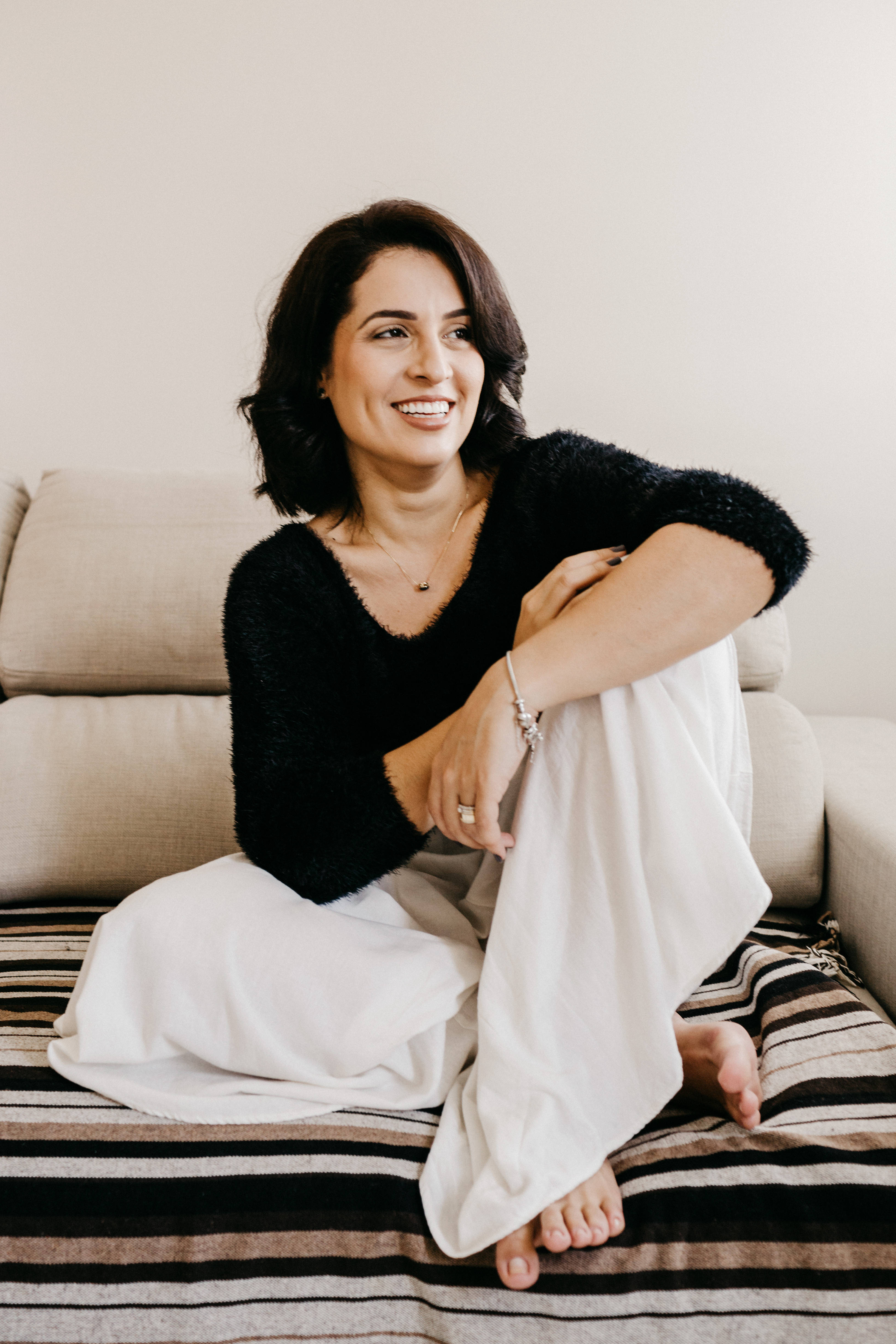 short black hair, black fuzzy sweater, white pants, 4K Phone Wallpaper