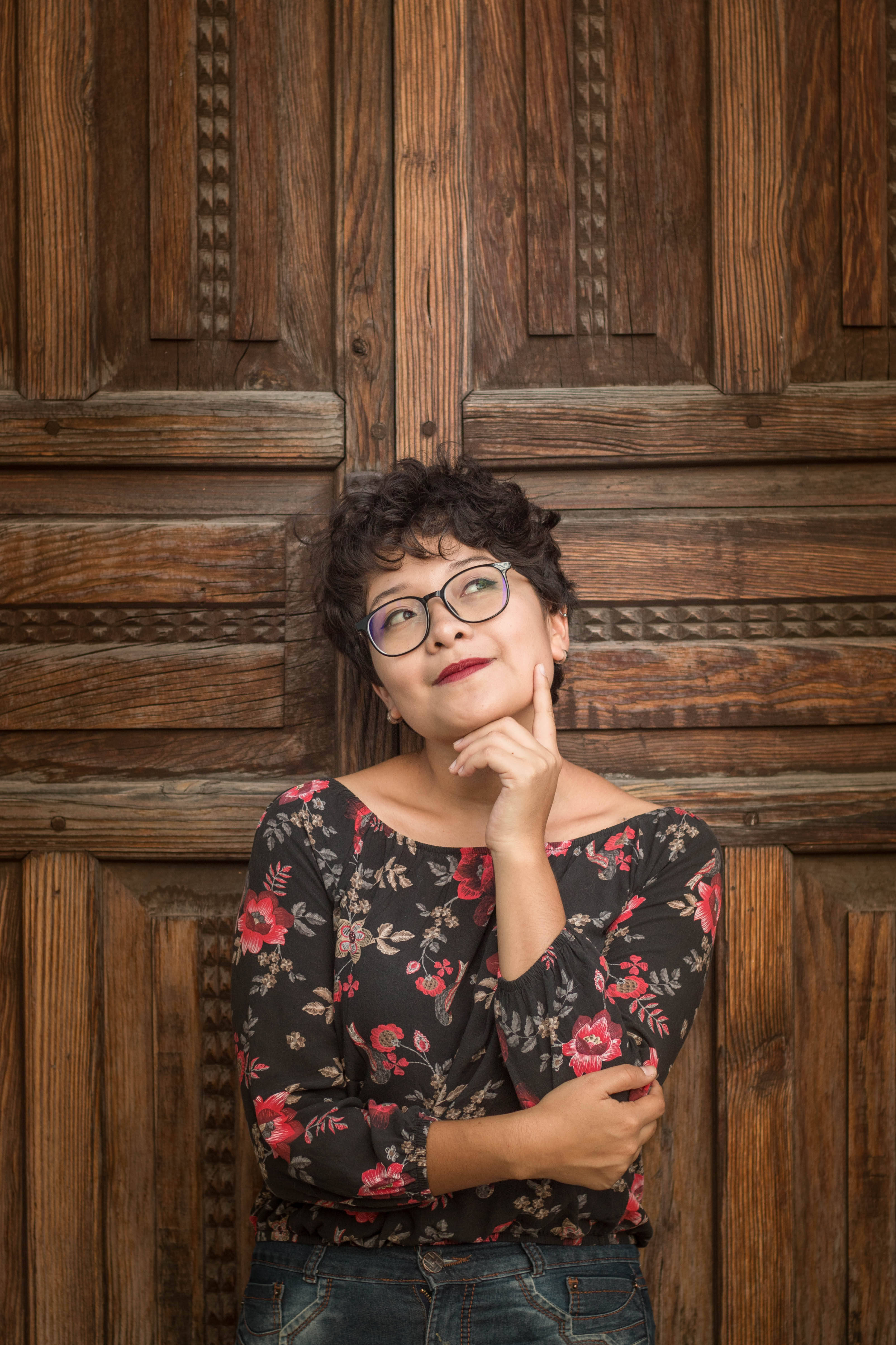 Confused Beautiful Mature Woman, glasses, curly hair, 4K Phone Wallpaper