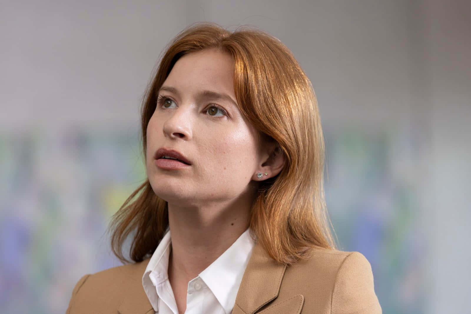 red hair, beige blazer, thoughtful expression, HD Desktop Wallpaper