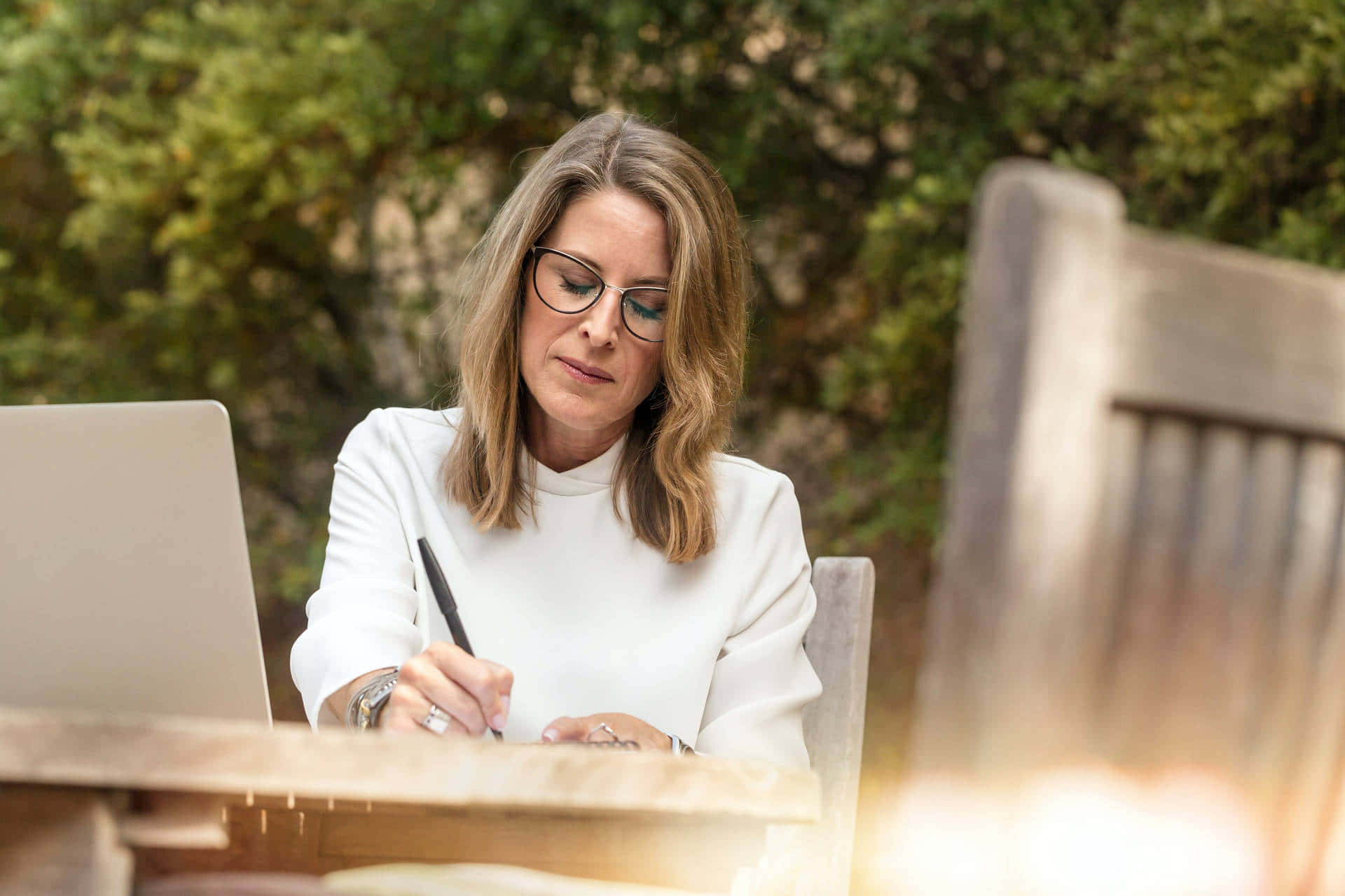 middle aged woman, glasses, wooden table, Full HD Desktop Wallpaper
