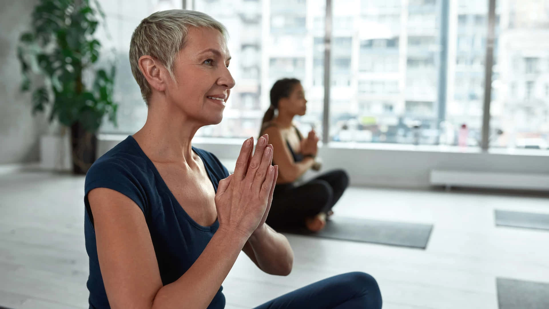 middle aged woman, yoga studio, short gray hair, Full HD Desktop Wallpaper