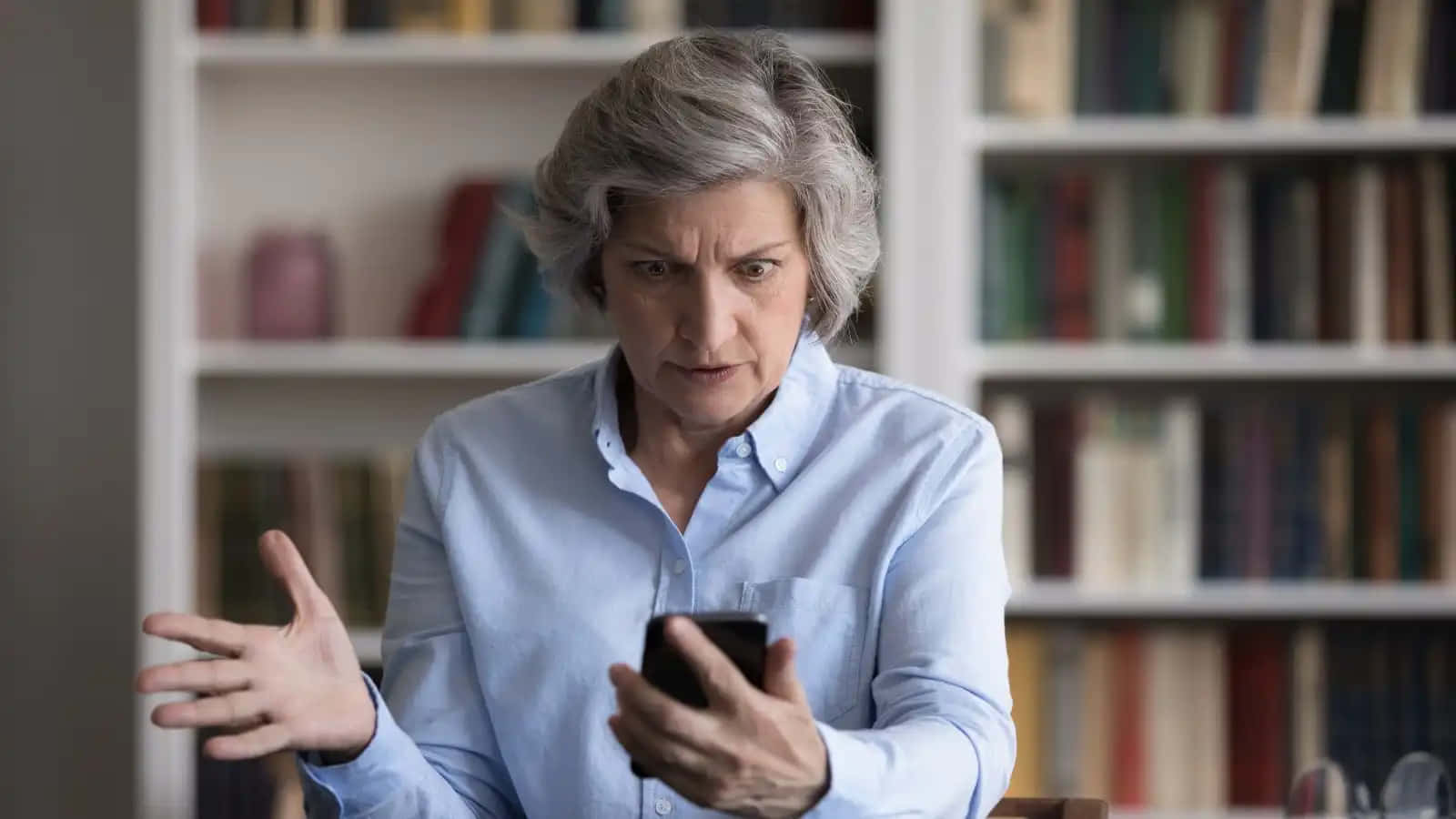 concerned middle aged woman, gray hair, light blue shirt, HD Desktop Wallpaper