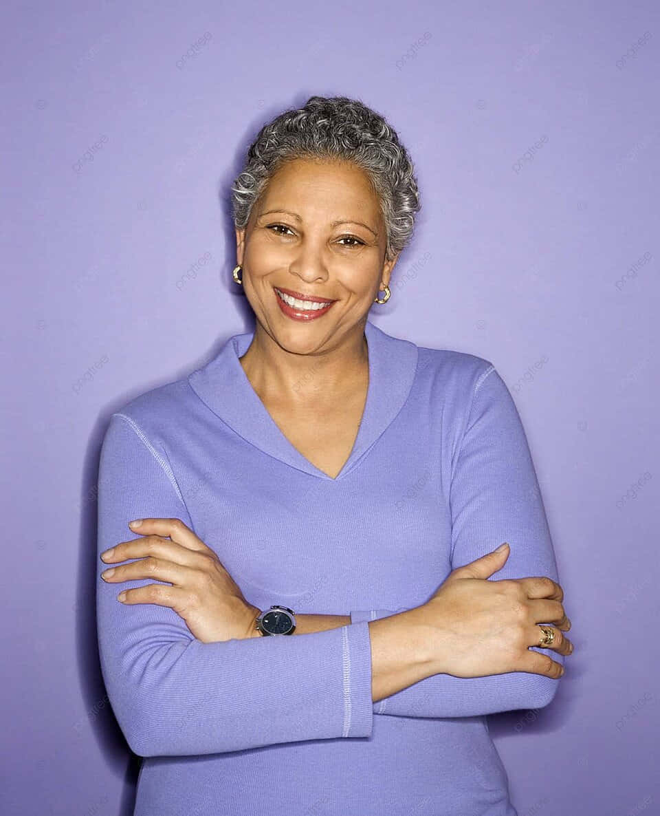 Confident Middle Aged Woman, gray curly hair, lavender sweater, SD Phone Wallpaper