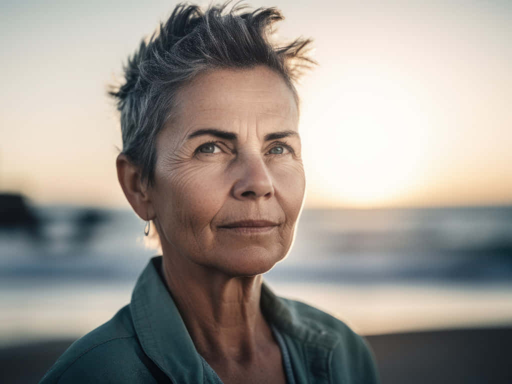 middle aged woman, beach, sunset, SD Desktop Wallpaper