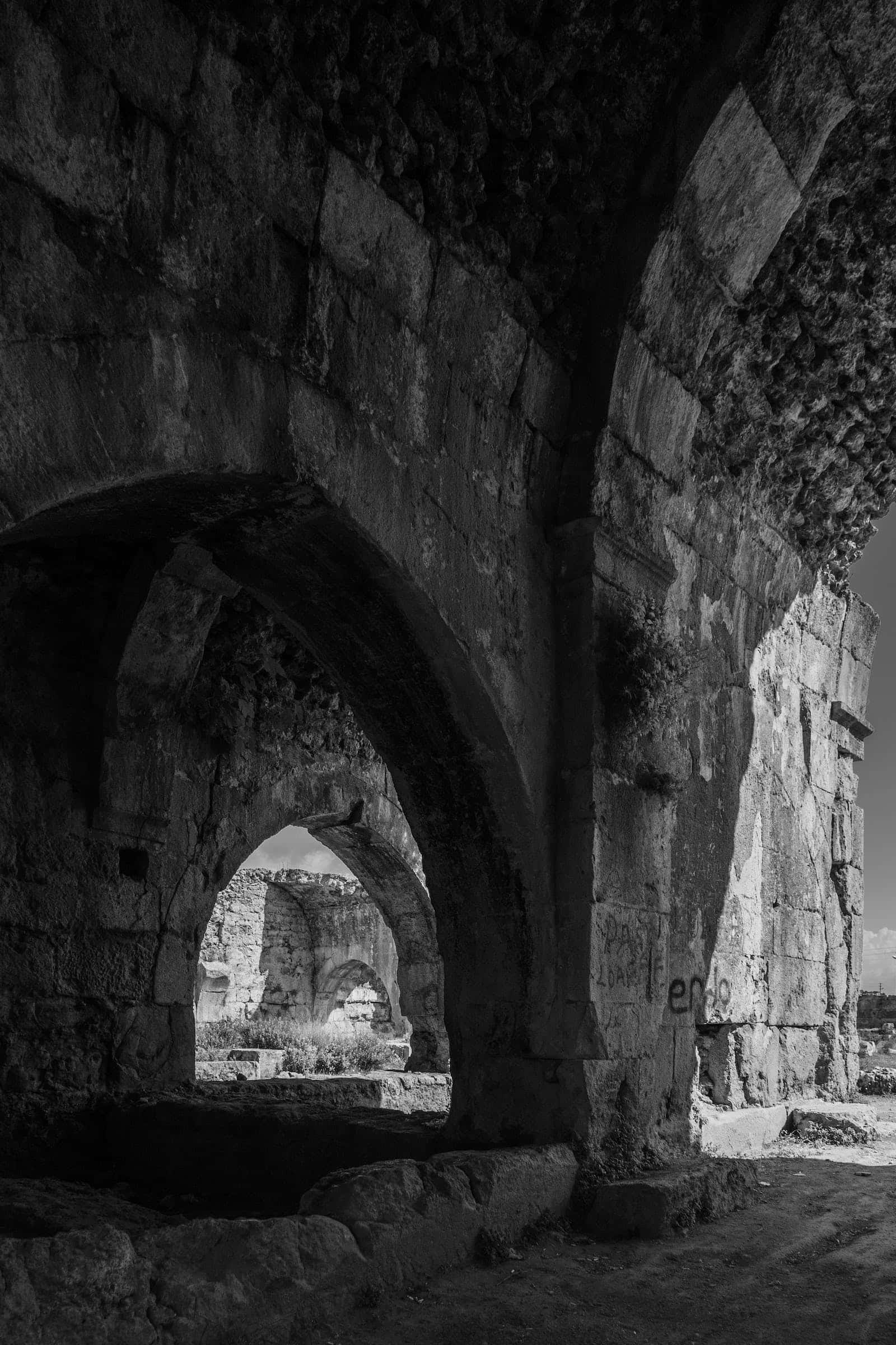 Middle Ages, monochrome, weathered stone arches, Full HD Phone Wallpaper