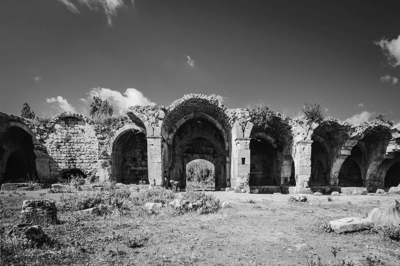 Middle Ages, monochrome, ancient stone arches, HD Desktop Wallpaper