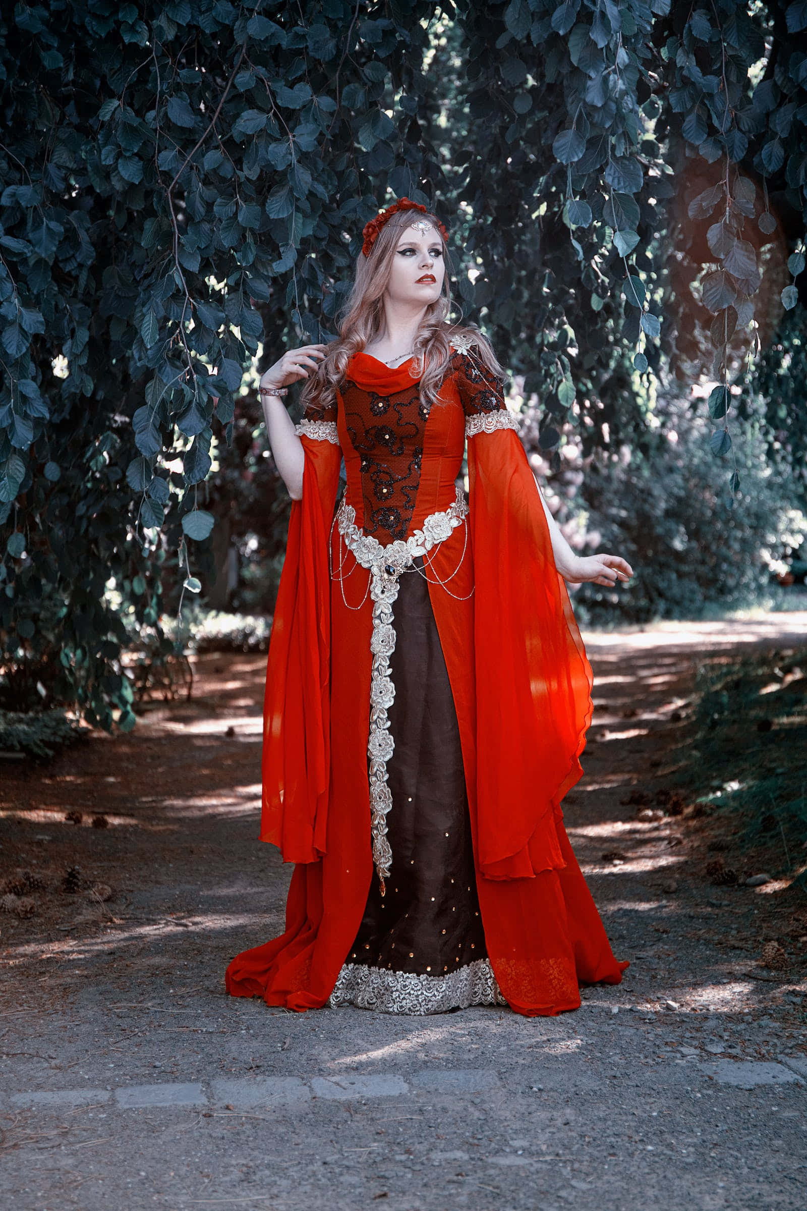 red dress, red and black gown, silver embroidery, Full HD Phone Wallpaper
