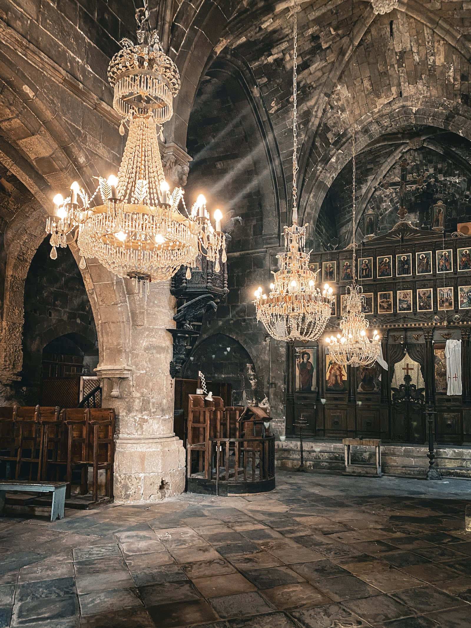 Middle Ages, stone church, ornate chandeliers, Full HD Phone Wallpaper