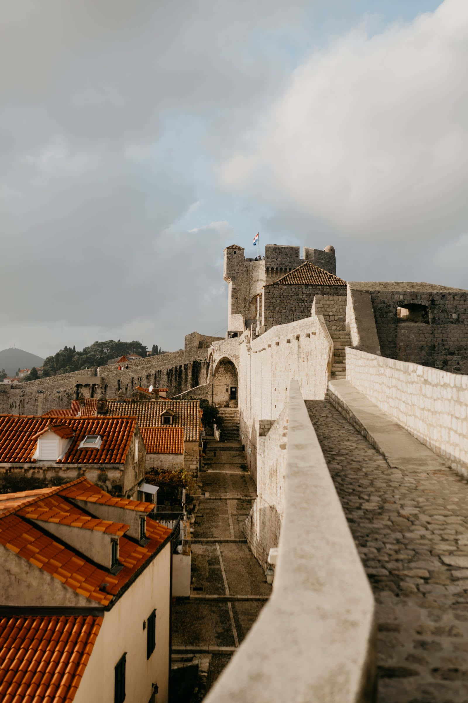 Middle Ages, stone fortress walls, cobblestone street, Full HD Phone Wallpaper
