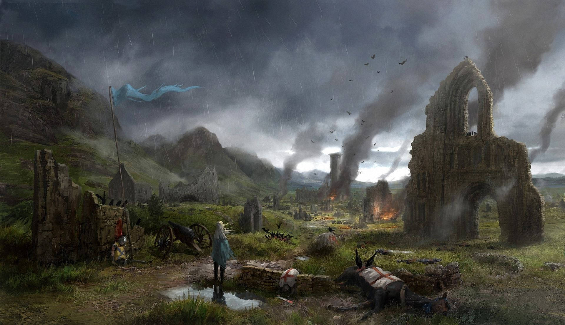 Dark Ages, medieval village, castle, Full HD Desktop Wallpaper