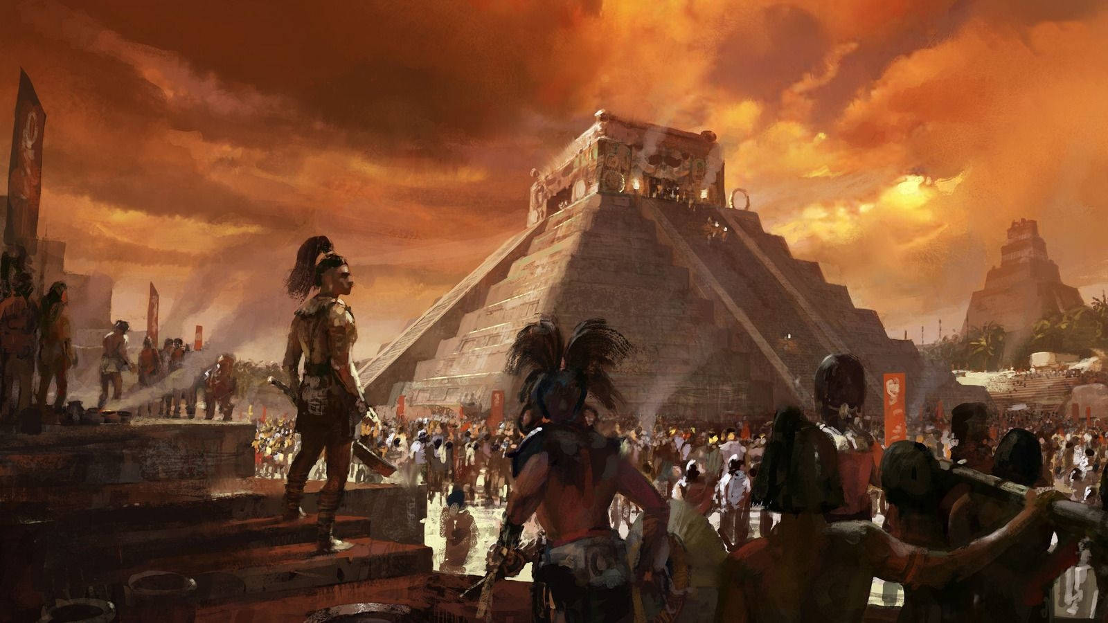 ancient pyramid, fiery sunset light, dramatic orange clouds, HD Desktop Wallpaper