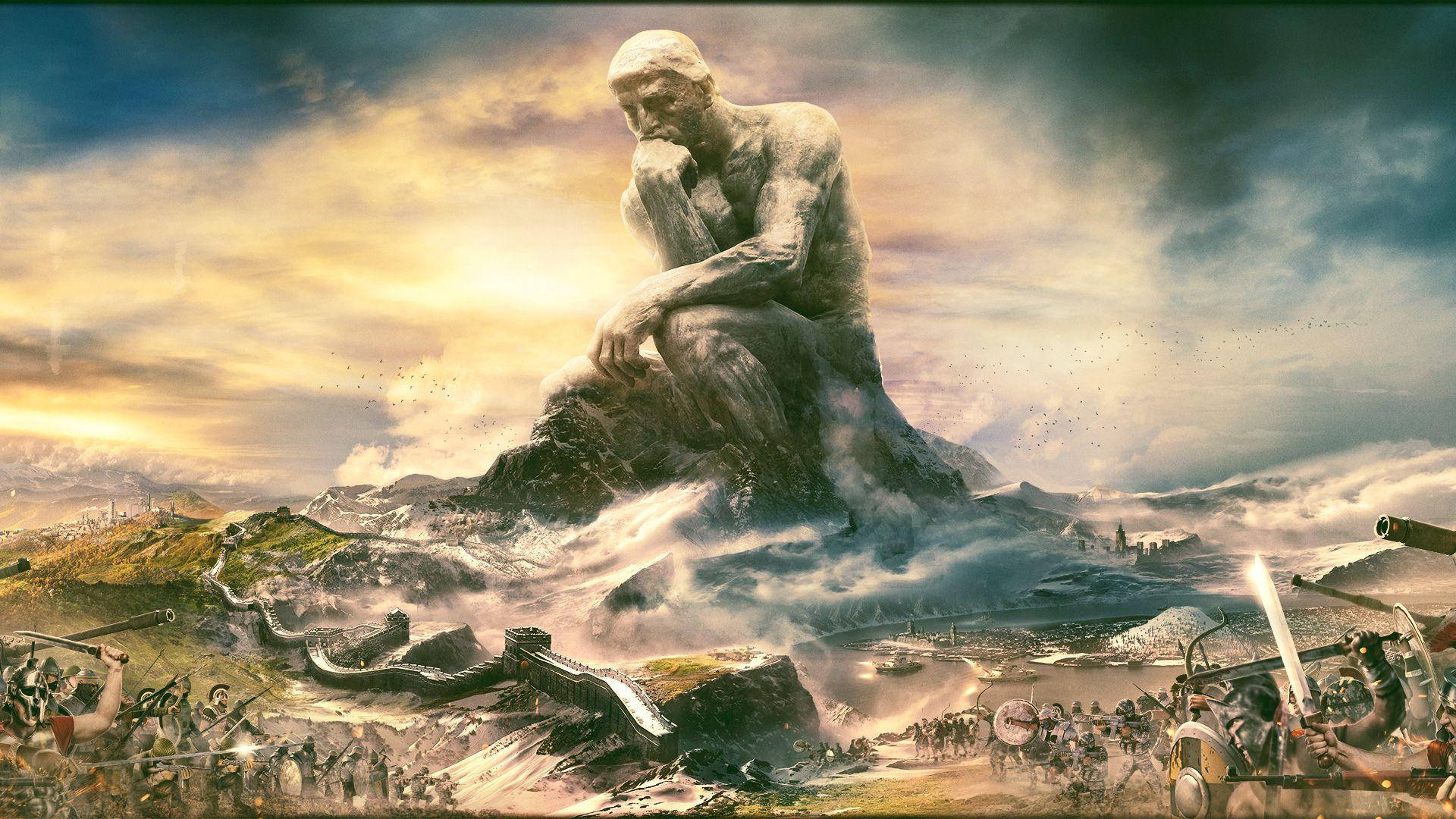 colossal stone thinker statue, battlefield, soldiers, Full HD Desktop Wallpaper