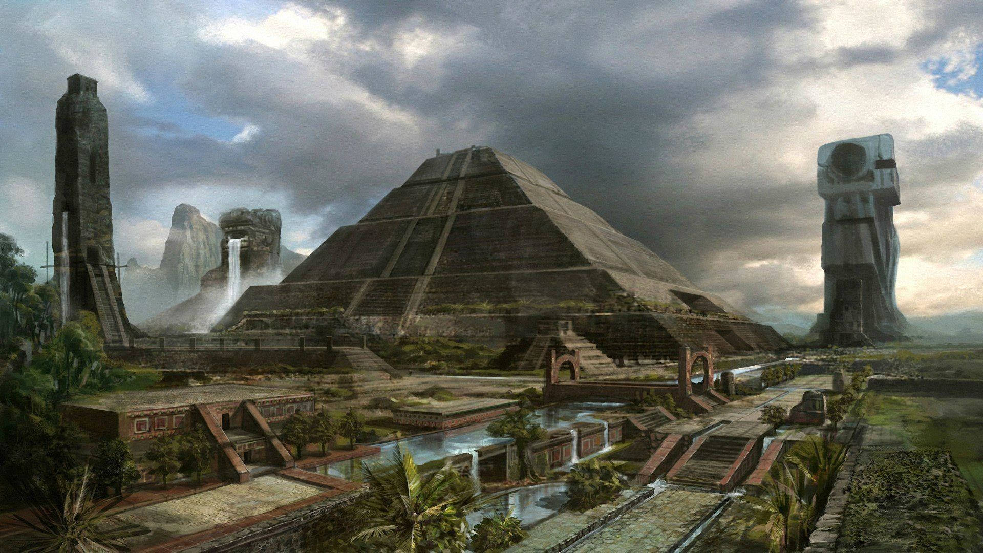 Ancient stone pyramid, towers, jungle ruins, Full HD Desktop Wallpaper
