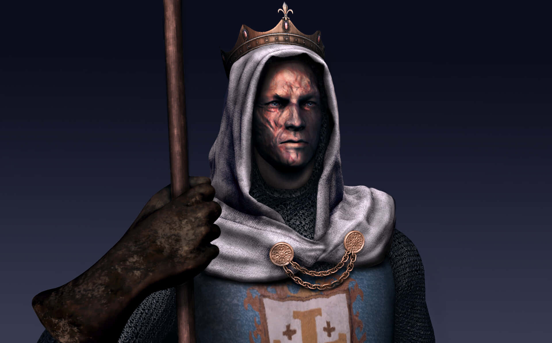 medieval king portrait, chainmail, grey hooded cloak, Full HD Desktop Wallpaper