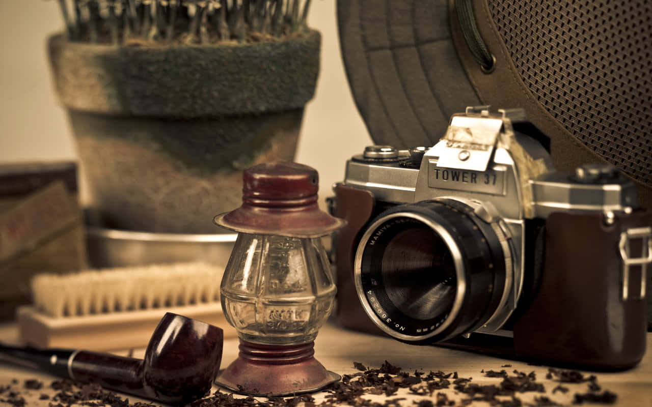 vintage camera pipe, lantern, scattered tea leaves, HD Desktop Wallpaper
