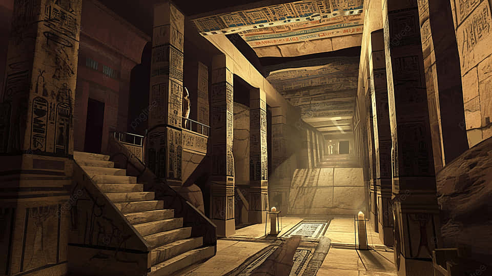 ancient Egyptian temple columns, hieroglyph-covered stone stairs, hieroglyph-covered stone floors, SD Desktop Wallpaper