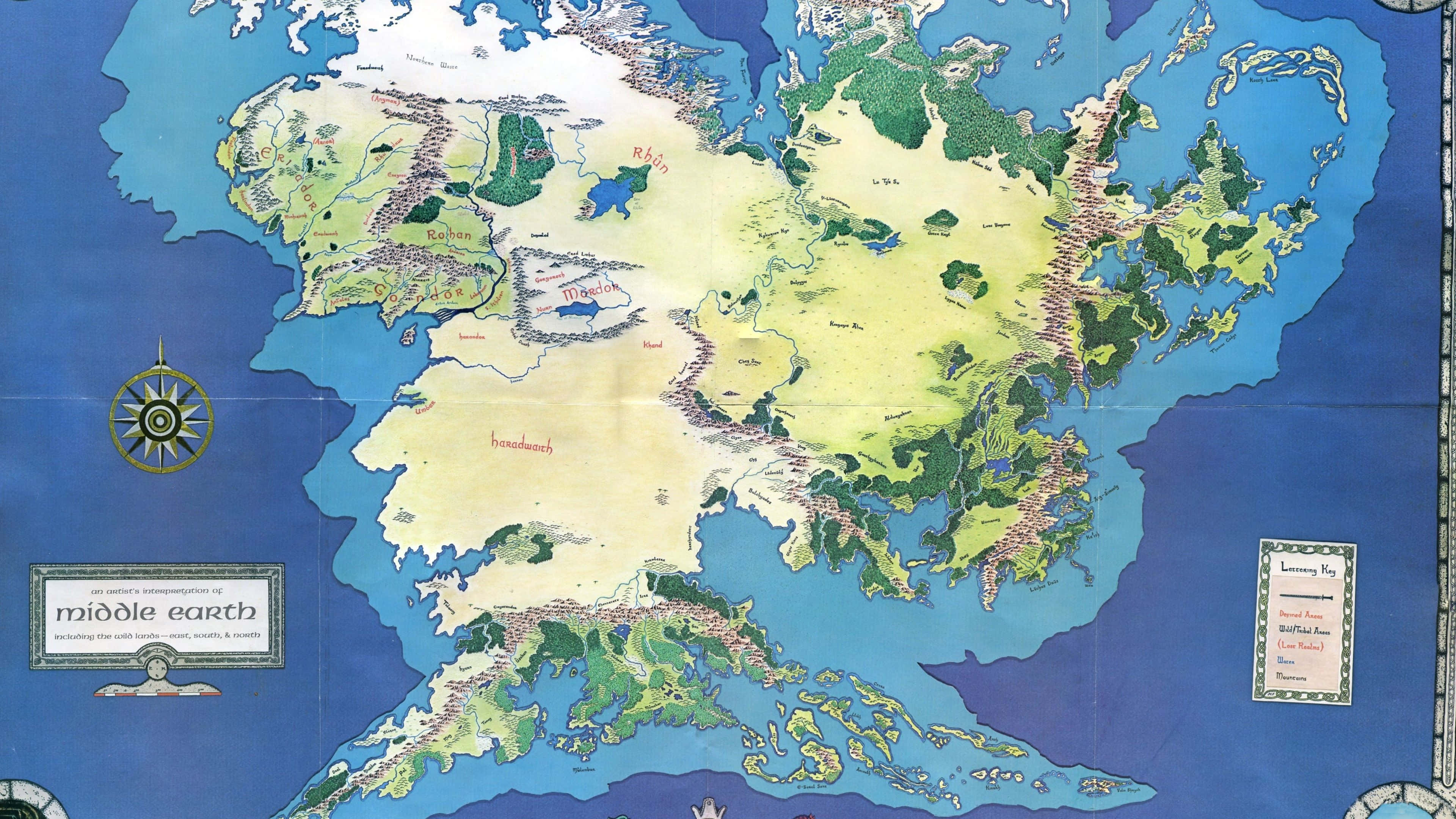 Middle Earth, illustrated map, labeled regions, 4K Desktop Wallpaper