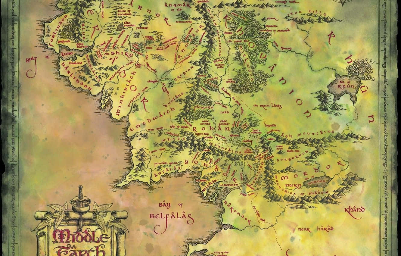 Middle Earth Map, aged parchment, hand-drawn terrain, HD Desktop Wallpaper