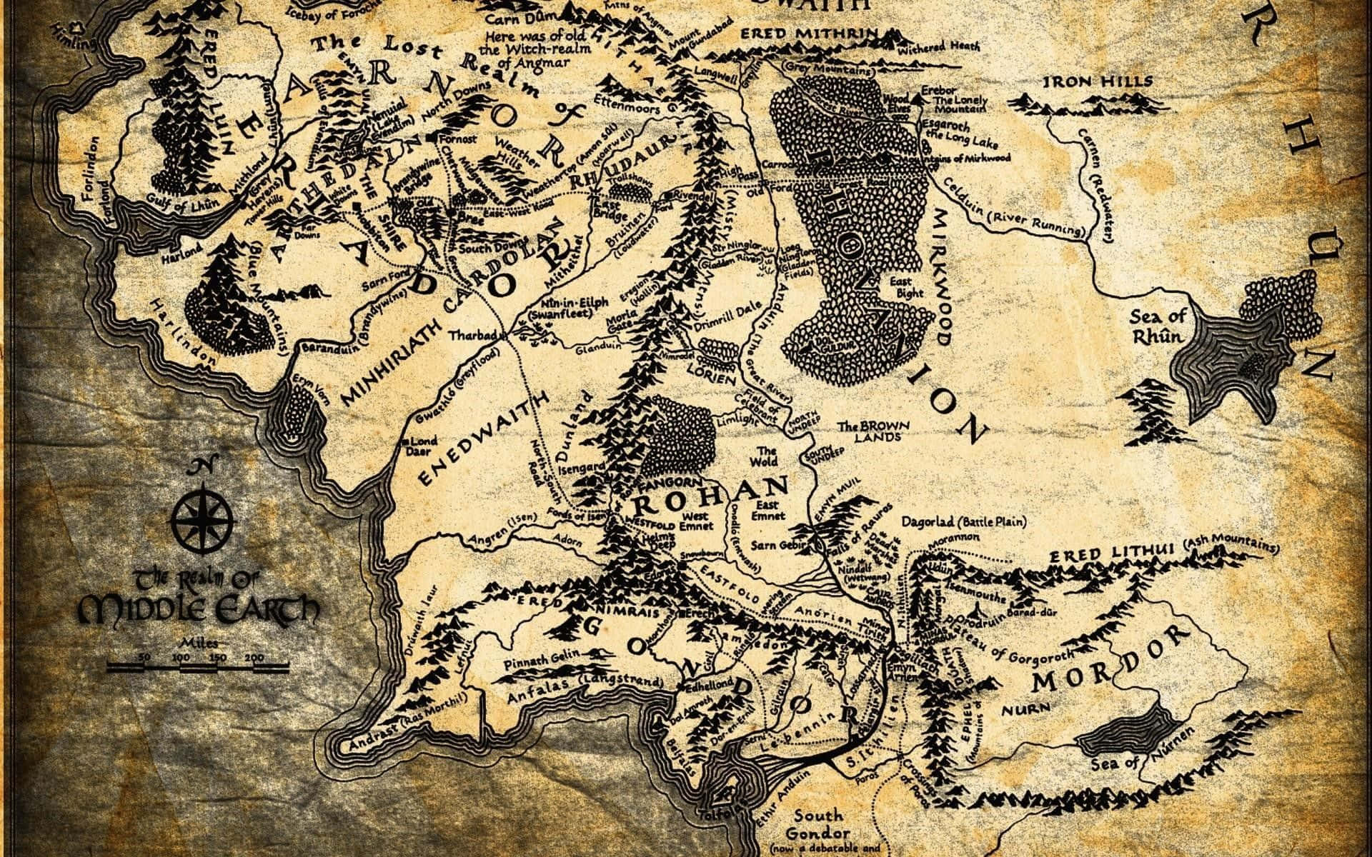 Middle Earth, parchment map, hand-drawn regions, Full HD Desktop Wallpaper