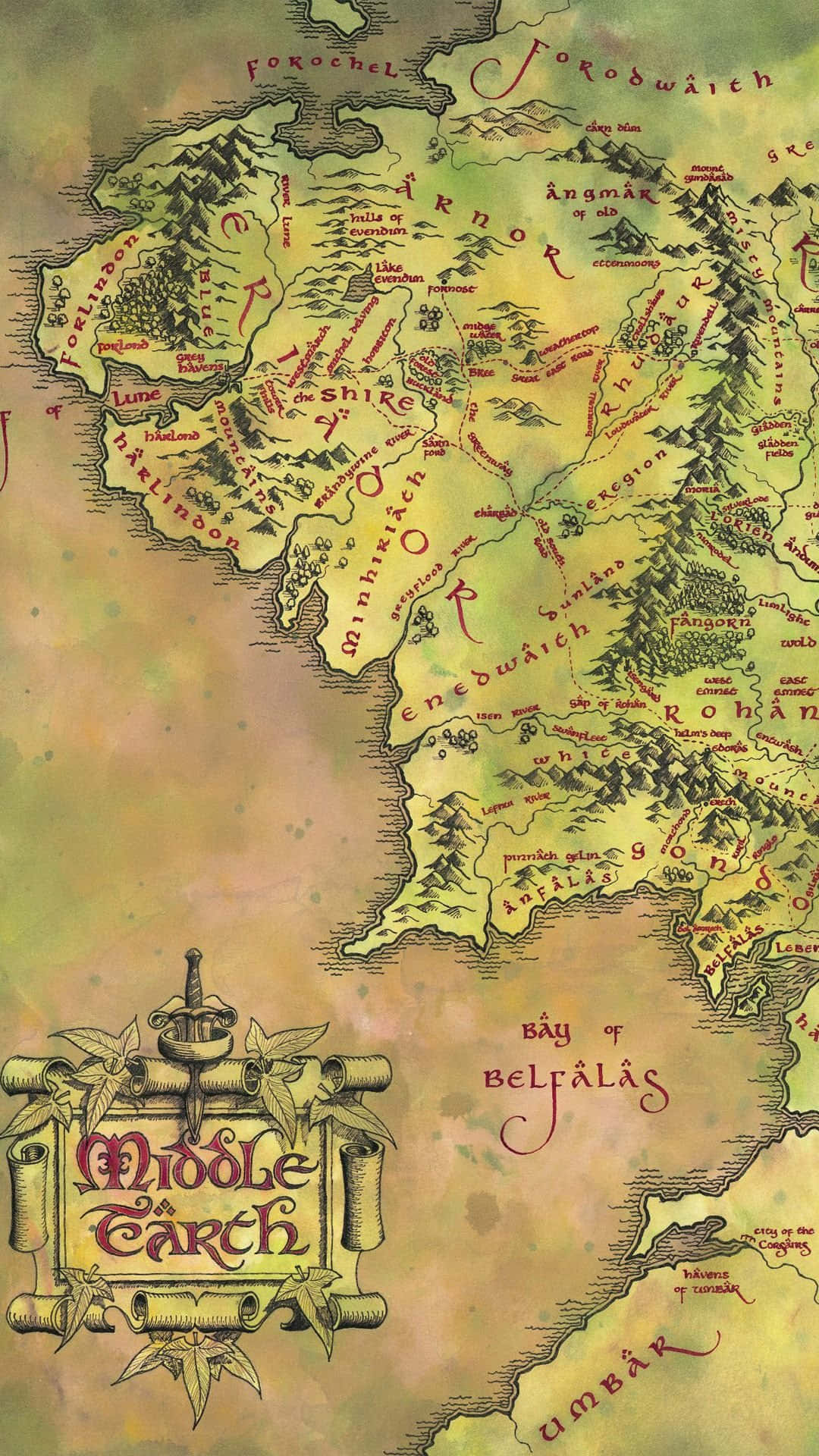 Middle Earth Map, Middle Earth, hand-drawn terrain names, Full HD Phone Wallpaper