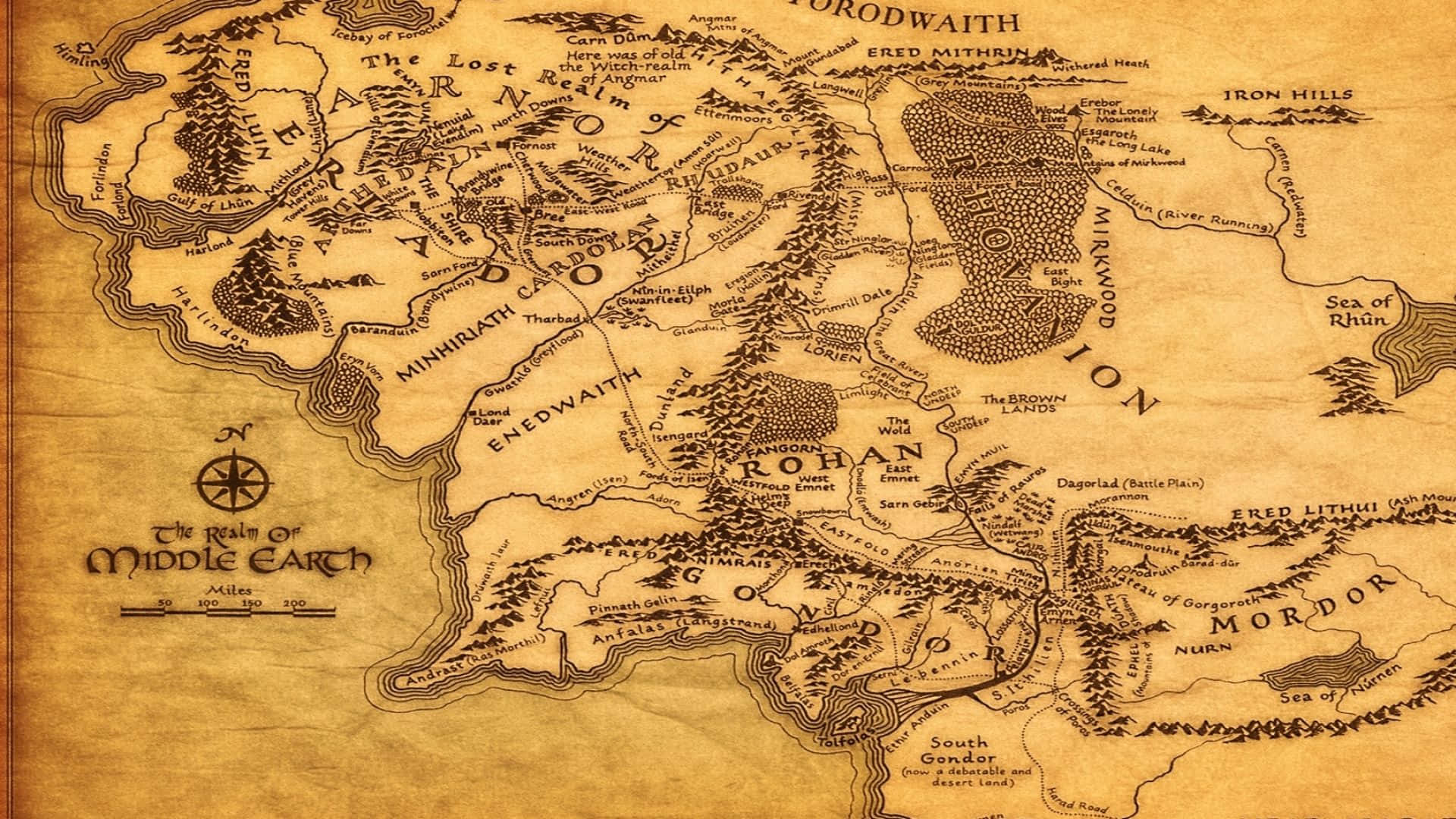 Middle Earth, parchment map, hand-drawn terrain labels, Full HD Desktop Wallpaper