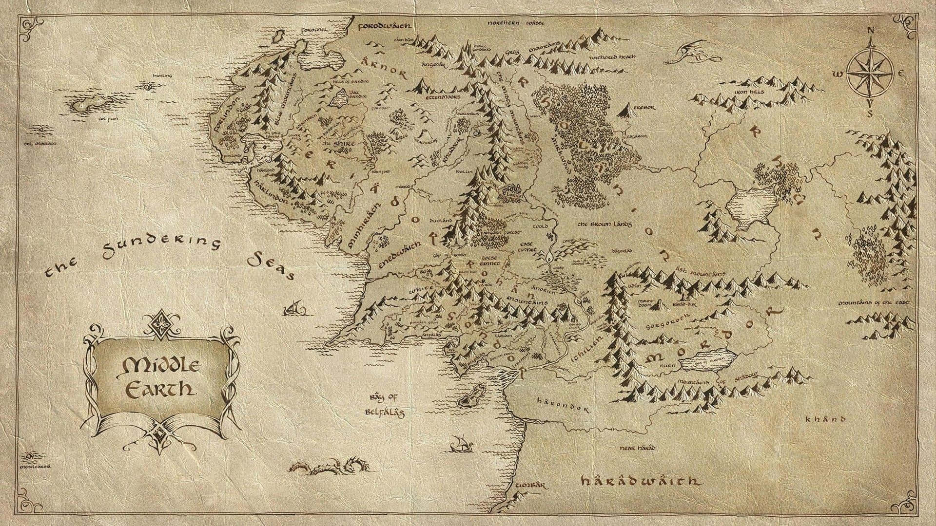 Middle Earth, parchment map, hand-drawn terrain, Full HD Desktop Wallpaper