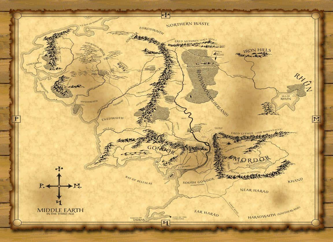 Middle Earth, parchment map, wooden wall, SD Desktop Wallpaper