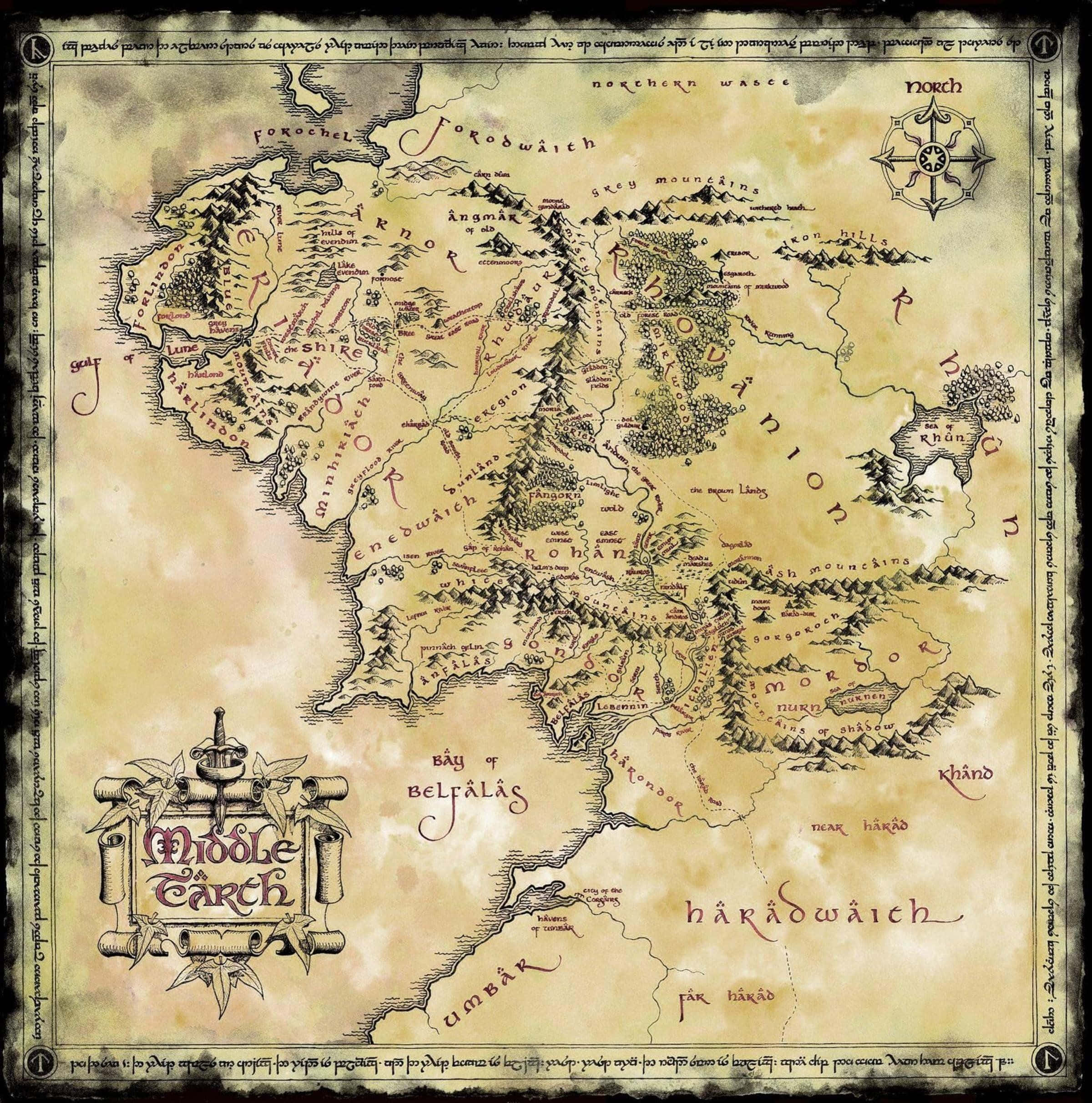 Middle Earth, aged parchment map, hand-drawn terrain names, Full HD Phone Wallpaper