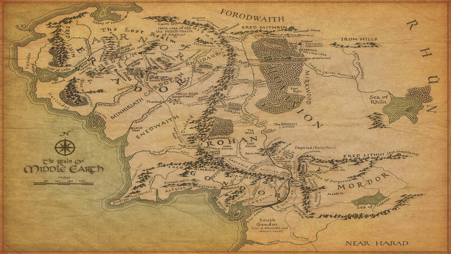Middle Earth, aged parchment map, hand-drawn terrain names, Full HD Desktop Wallpaper