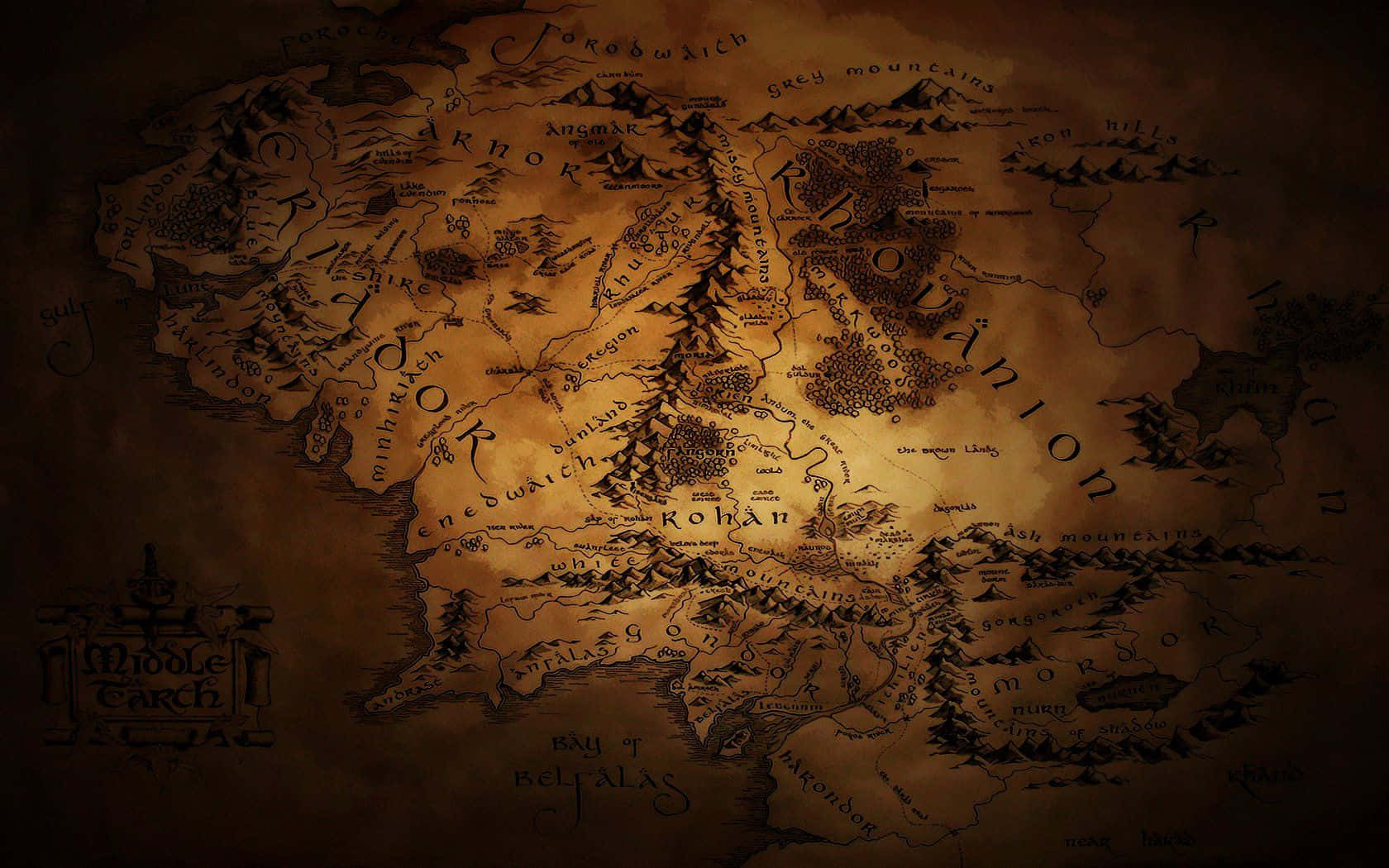 Middle Earth, ancient parchment map, glowing warmly, HD Desktop Wallpaper